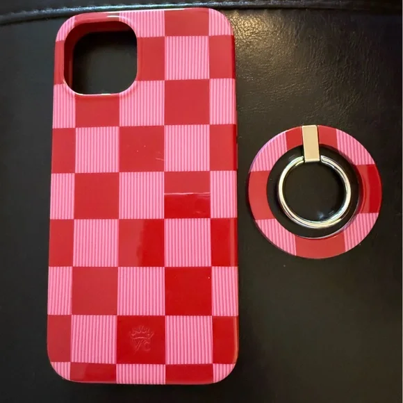 Velvet Caviar Red and Pink Checkered Phone Case with Ring Holder. Fits iPhone 13 - Picture 2 of 6